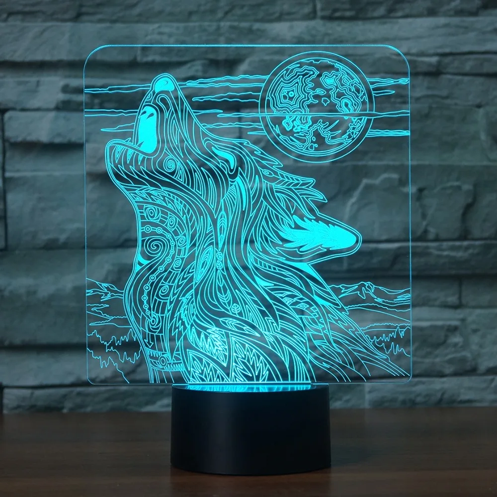 

3D Illusion Light Wolf Shape LED Desk Table Night Light Lamp with 7 Color Changing Lights (3D Wolf)