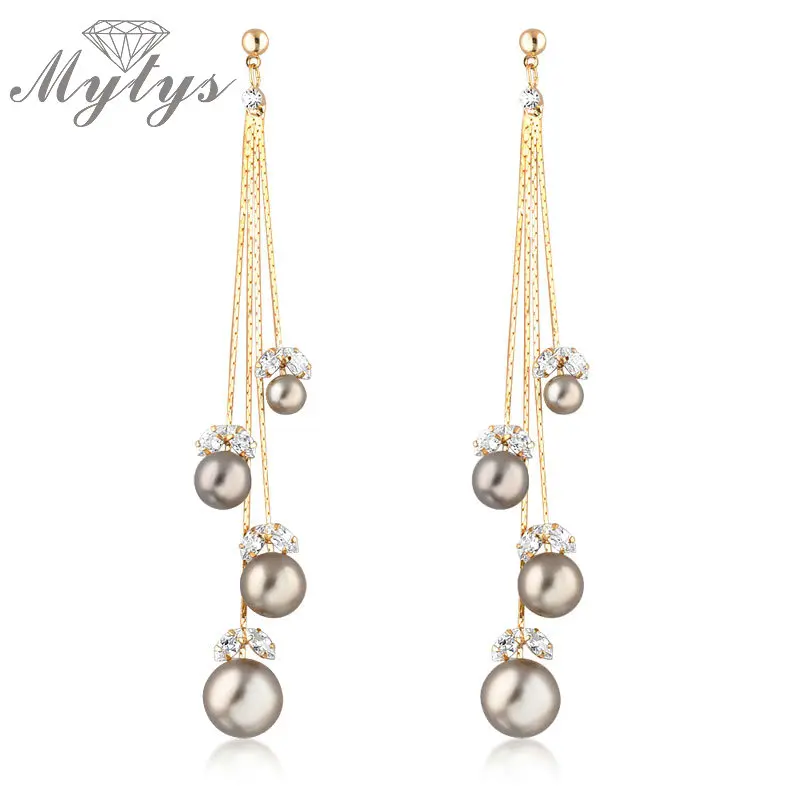 

Mytys Coffee Brown Pearl Drops Dangle Earrings Women Fashion Jewelry Gold Gp E660