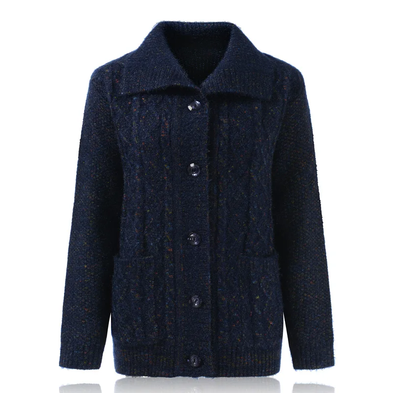 Толстый теплый свитер для пожилых людей, женская одежда, осенне-зимний вязаный свитер, кардиган, пальто для бабушек - Цвет: Тёмно-синий