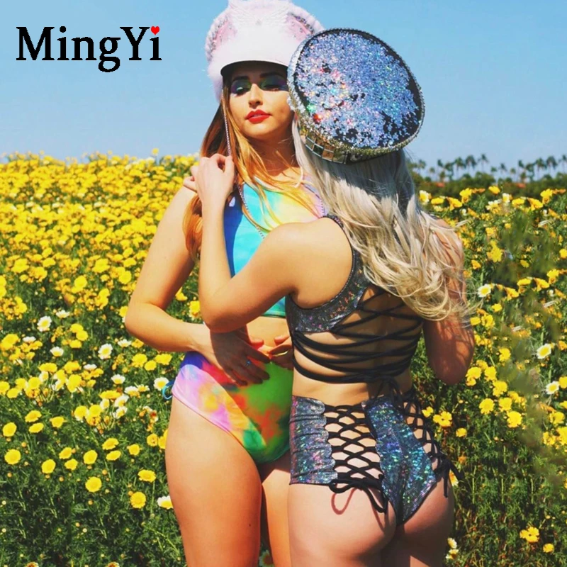 Сексуальный цветной лазерный голографический топ на шнуровке популярные шорты