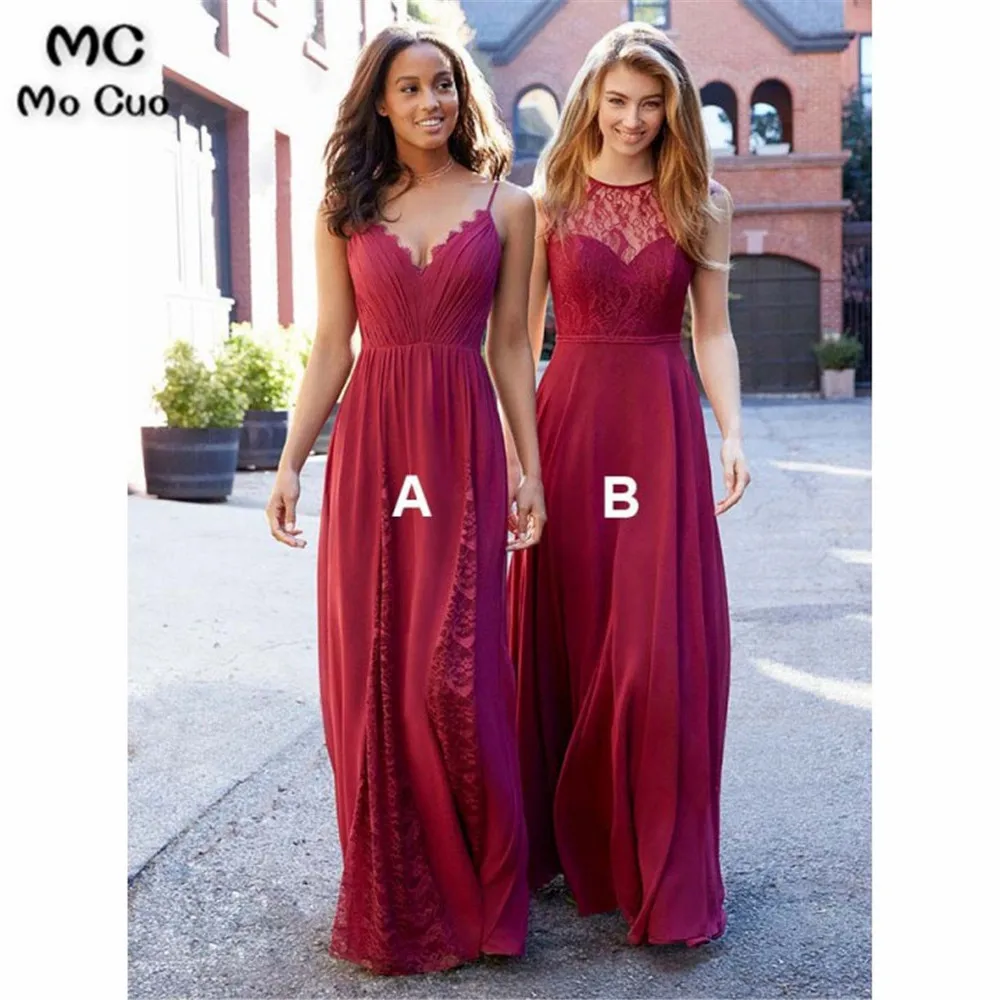 

In Stock Lace Bridesmaid Dresses Long with AB Deisgn V-Neck Sleeveless Wedding Party Gown Chiffon Women Bridesmaid Dress
