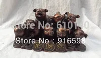

10" Chinese Pure Bronze Wealth Coin FengShui JiXiang 8 Fa Cai Pig Head Statue