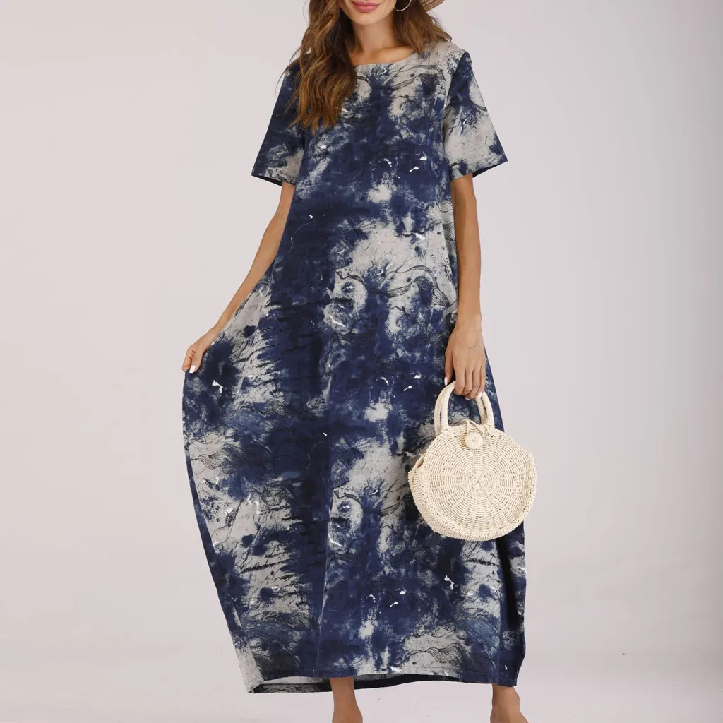 المرأة رداء فام خمر Abiti دونا طباعة س الرقبة قصيرة الأكمام عارضة فضفاض طويل Vestido ارغو الكاحل طول اللباس