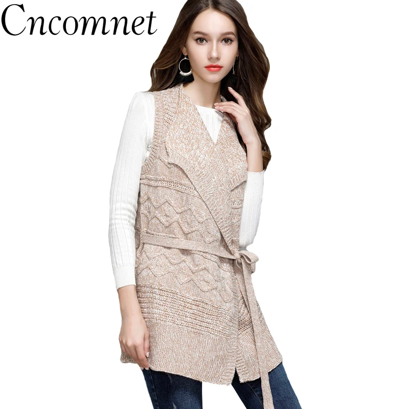 Women's New Fashion Cardigan Sleeveless Sweater For Ladies Tank Turndown Collar Female Cardigan Belt Slim Knitwear Tops