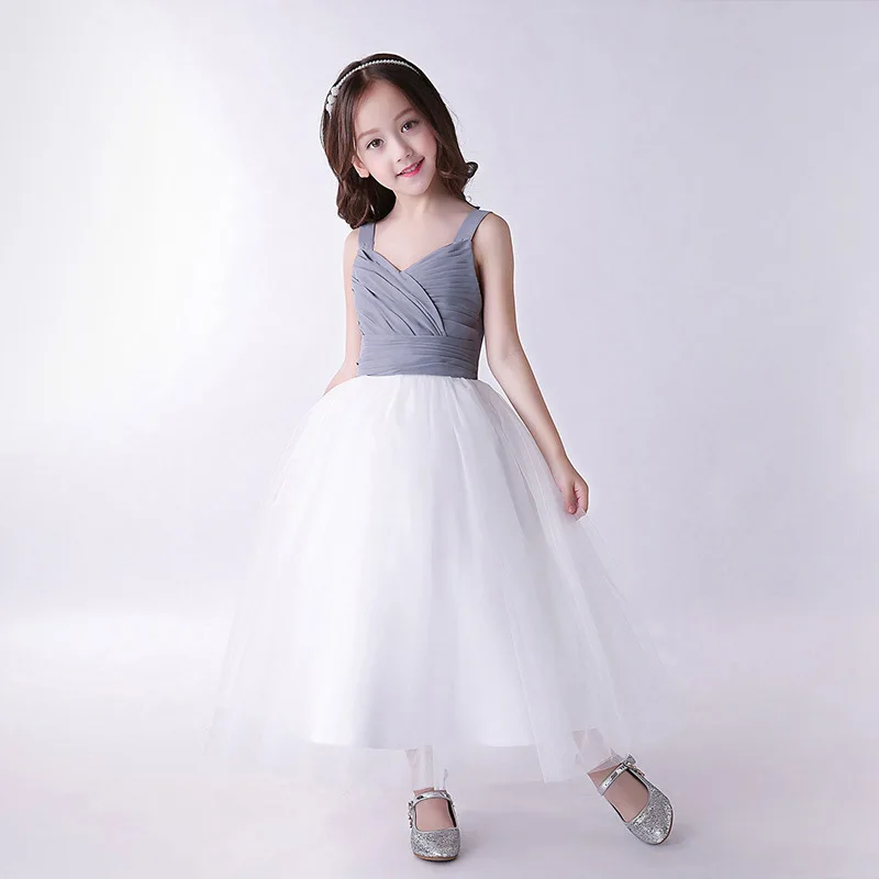 Cinza e Branco de Tule Festa de Formatura Vestido de Baile Elegante Estilo Flor Meninas Vestidos Crianças Suspender Casamento Roupas 5 de Formatura vestido de Baile Crianças Roupas