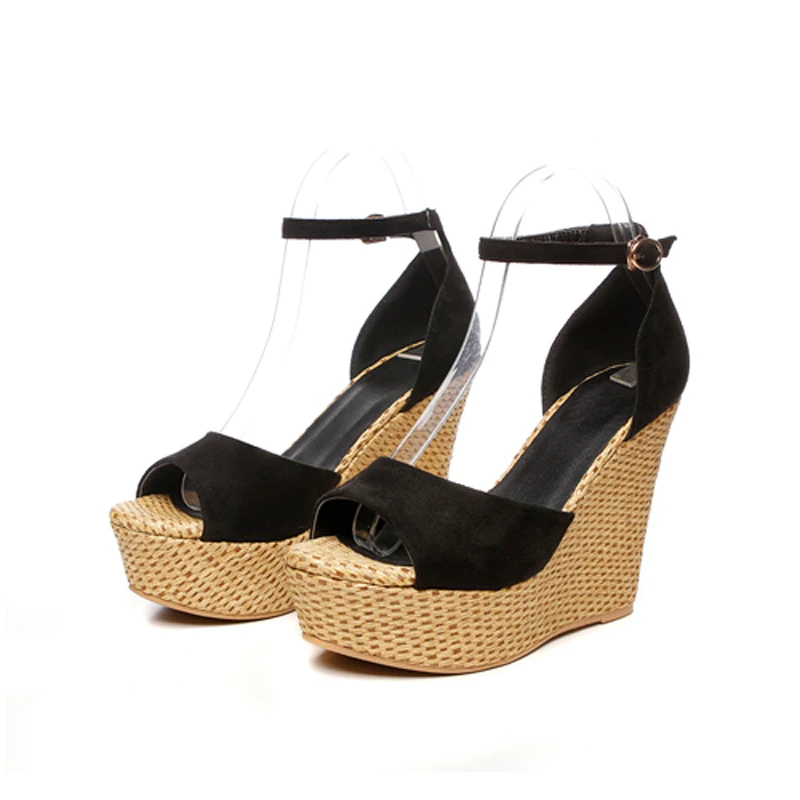 Fashion Women High Heels Summer Sandals New Arrival Open Toe Straw Wedges Platform Buckle Strap Casual Shoes Woman Green Black (20)