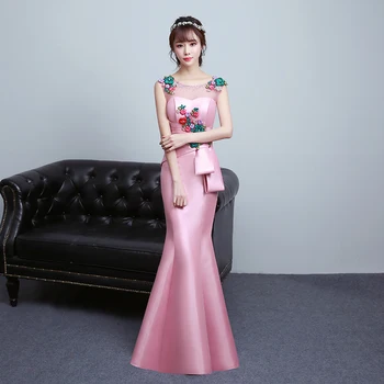 

PINK Elegant Bridesmaid Wedding Qipao Sleeveless Sexy Oriental Women Mermaid Dress Floral Imrpoved Chinese Cheongsam Vestidos