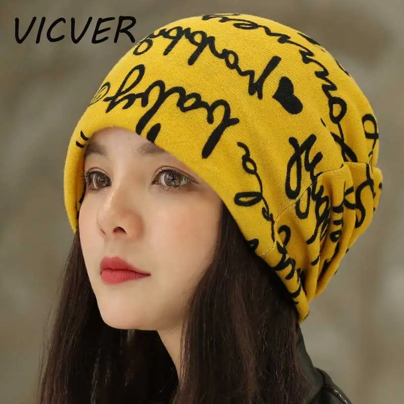 Fashion Letter Turban Hats for Women Spring Autumn Baggy Beanie Scarf Hip-Hop Cap Skullies Beanies Soft Hat Ladies Print Caps