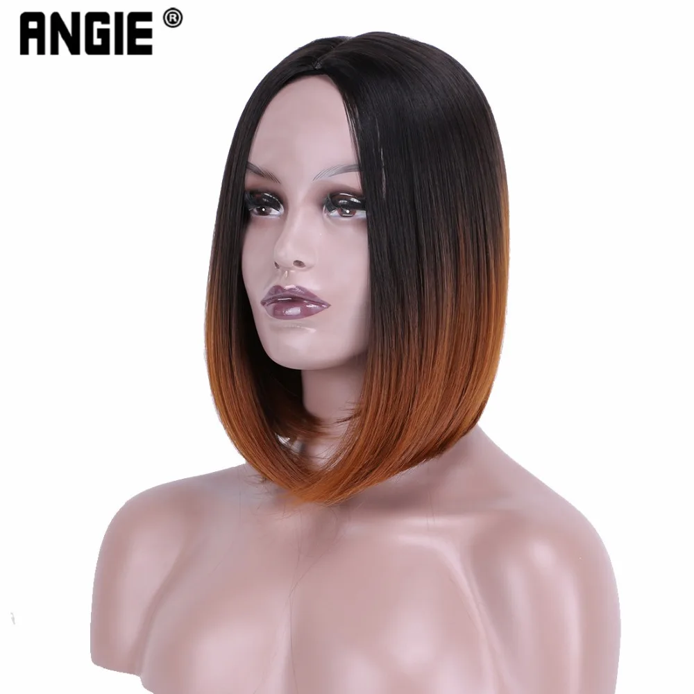 

Bob Wig Short Synthetic Wig Black To Brown Ombre Middle Part 14 Inches Two Tone Colored Wig For Women Heat Resistant Fiber