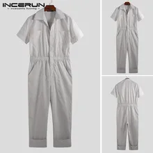 INCERUN Мужская мода сплошной цвет с коротким рукавом карманы эластичная талия лацканы шеи личности брюки уличная комбинезоны