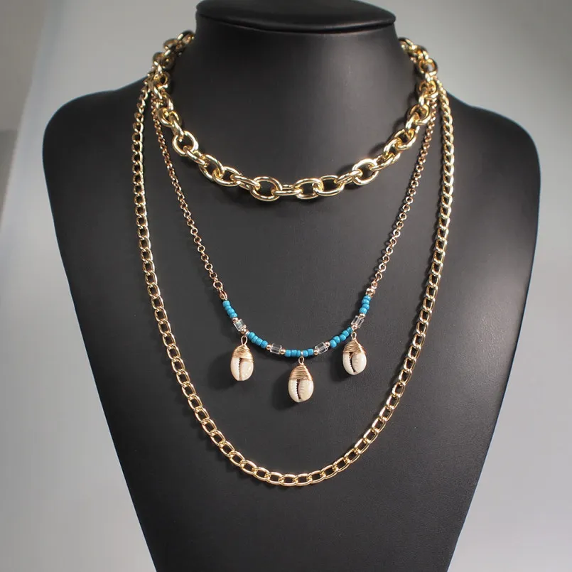 

Multi Layers Long Chain Necklaces For Women Gold Color Metal Pendant Shell Coin Statement Necklaces Jewelry UKMOC