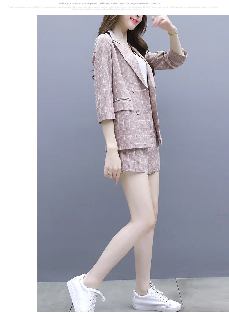 Летний осенний клетчатый короткий брючный костюм женский двубортный Блейзер пиджак популярные шорты повседневный комплект из 2 предметов