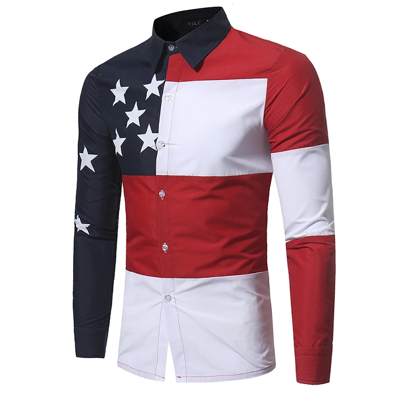 2018 Male Summer Us American Flag Shirts Long Sleeve Shirts Flags Dress