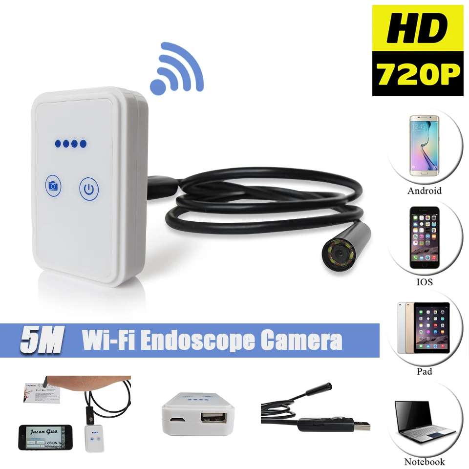 Wireless WiFi 9MM 5M Endoscope Camera IOS Iphone Endoscope Wi-Fi USB Android Borescope Inspection Waterproof Snake Cable Camera