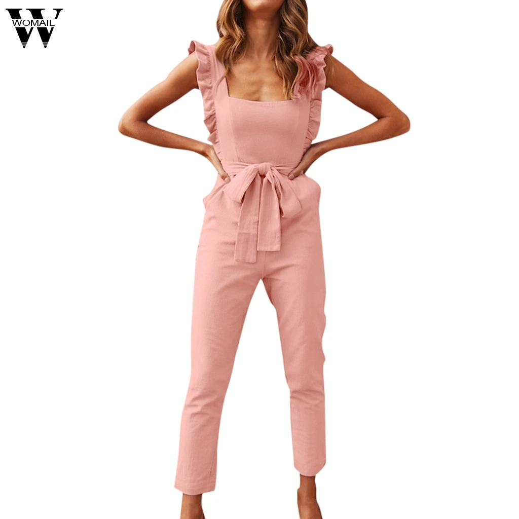 

Womail Fashion Women Linen Jumpsuit Solid Summer Casual Shirred Frill Sleeves Jumpsuit With Pockets Overalls For Women JUNE19