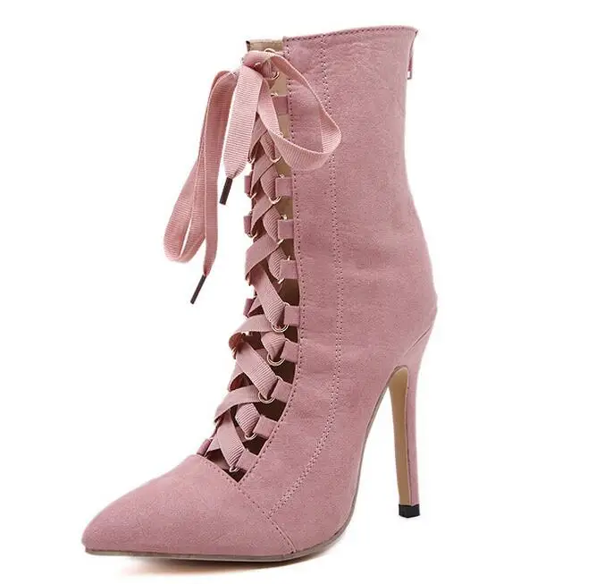 Eilyken/женские ботильоны в стиле панк; весенние полусапожки-гладиаторы с ремешками и шнуровкой; ботинки на шпильке с острым носком; сандалии-лодочки; Каблук 12 см - Цвет: pink