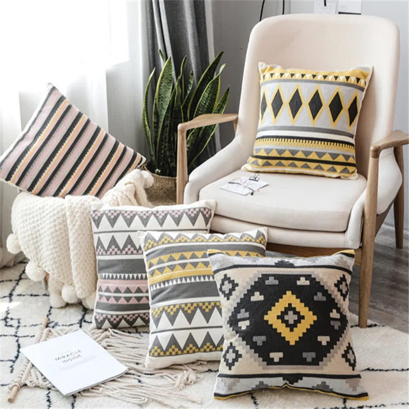 

Pink Grey Home Decor Embroidered Cushion Cover Yellow Geometric Canvas Cotton Square Embroidery Pillow Cover 45x45cm Pillow Sham