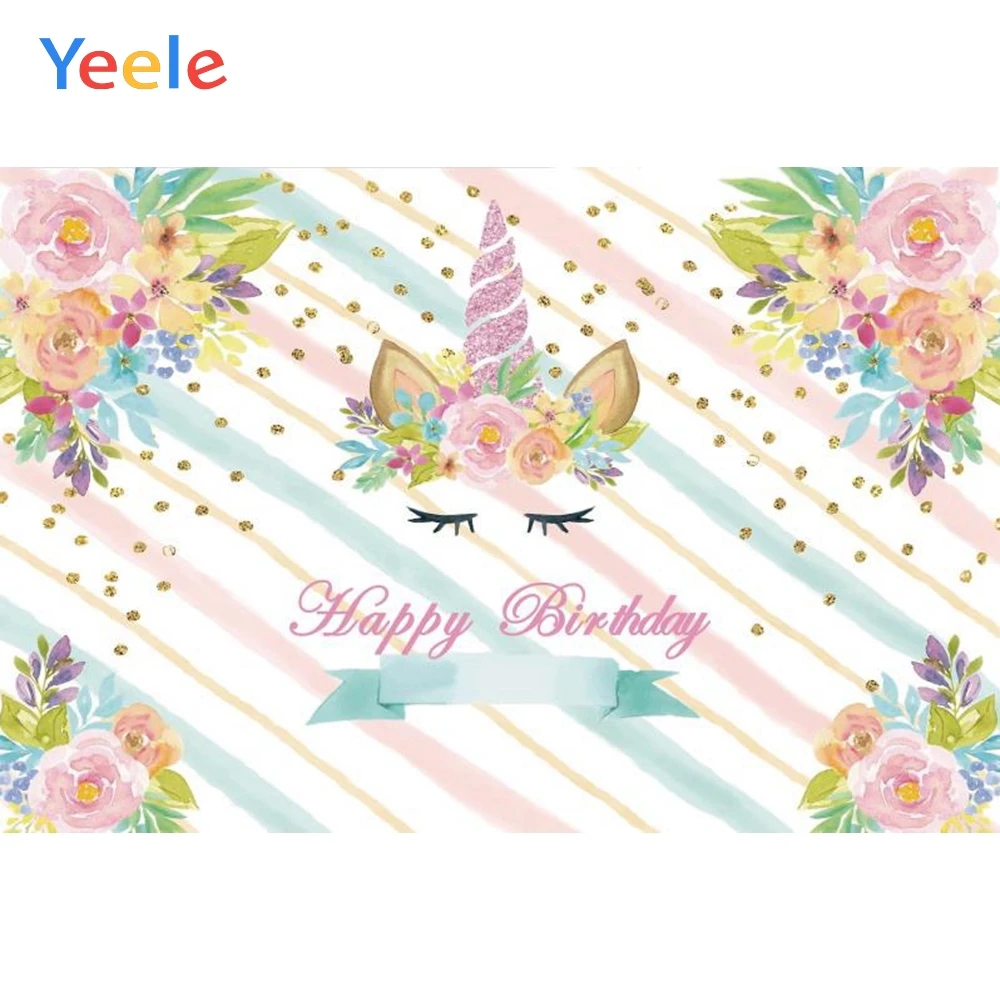 

Yeele Unicorn Birthday Party Flower Gold Spots Stripes Baby Portrait Photo Backdrop Photographic Background Photo Studio