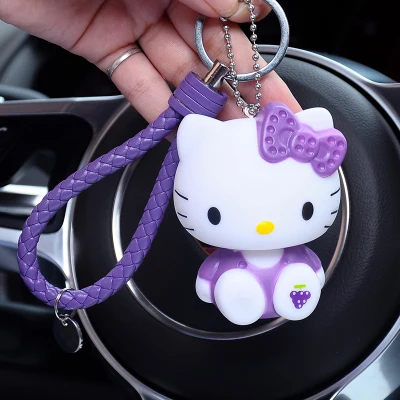 Милый мультяшный брелок hello kitty из кроличьего меха с помпонами, помпонами, брелок для женщин с кожаным ремешком, металлическое кольцо для ключей, цепочка для автомобильных сумок, брелок D35A - Цвет: 12