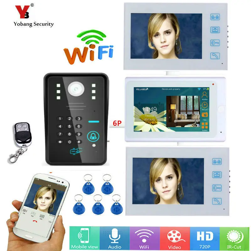 Видеодомофон Yobang проводной/беспроводной с 3 &quotбелыми мониторами 5 RFID