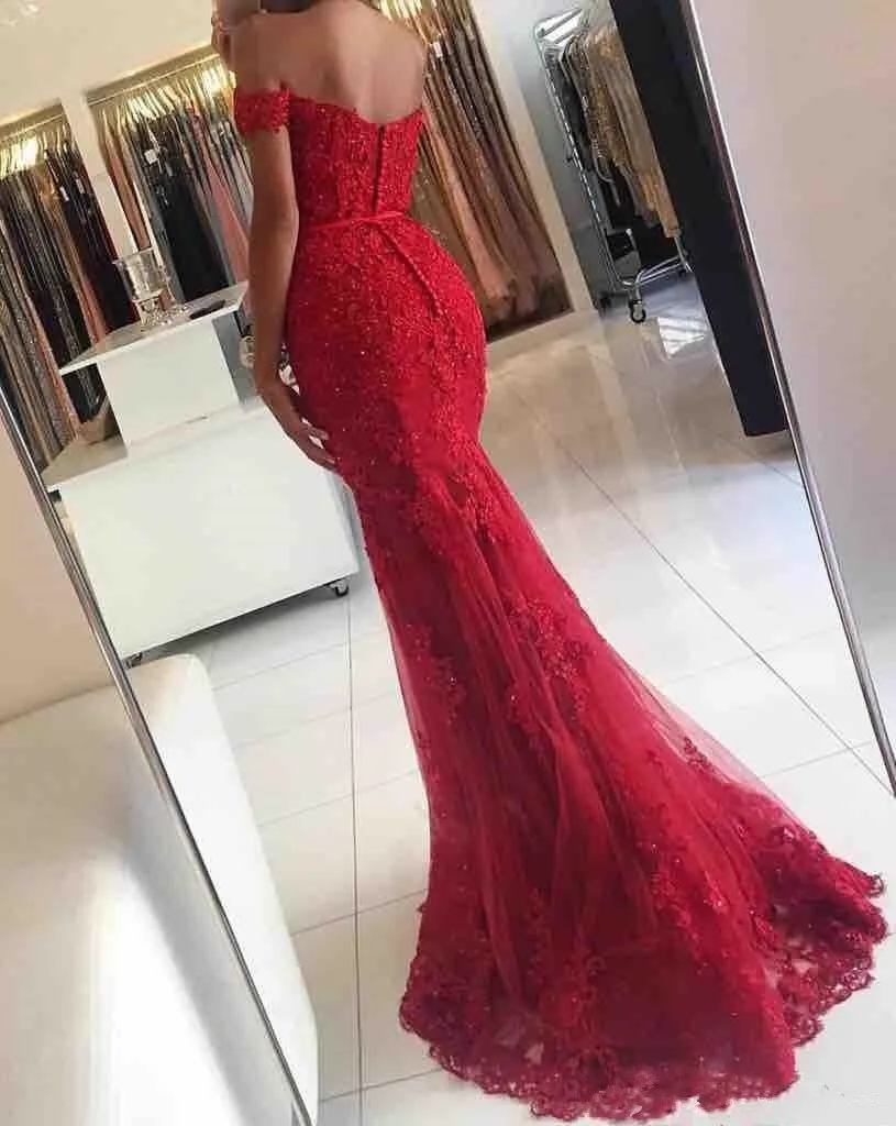 Burgundy Off the Shoulder Long Mermaid Evening Dress Lace Robe De Soiree longue Formal Dress vestido de festa