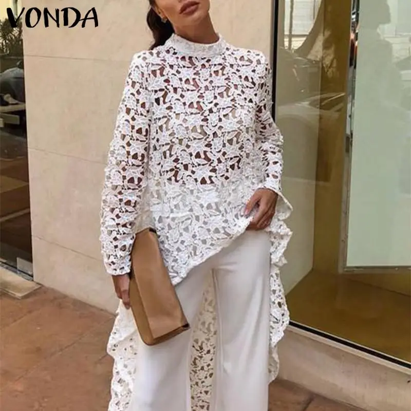 Goedkoop VONDA Casual Lace Blouse Vrouwen Wit Tops 2019 Zomer Tuniek Sexy Onregelmatige Zoom Hollow Tops Sexy Blouse Strand Blusas Shirts s 5XL