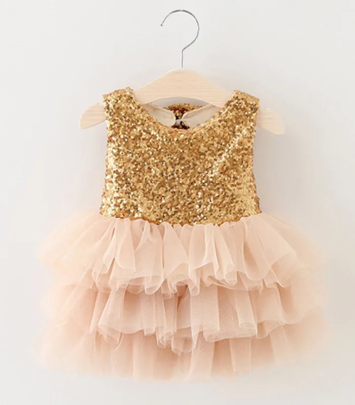 

0-2Y Girls Birthday Party Dress Gold Sequin Princess Dresses Mesh Two Bow Baby Kids Clothes Children Summer Formal Dress
