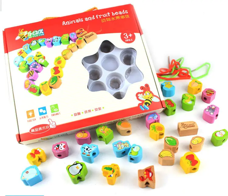 

Free shipping, animals and fruit blocks, strings of beads series, children's educational toys, wooden toys