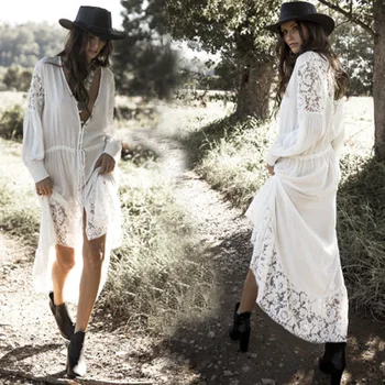 

Beach Dress For Women Swimming Suit Woman Cover Up Women's Tunic Cover-Up New Cotton Lace Single Breasted Skirt Acetate Solid
