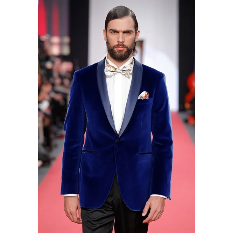 Blue Velour Slim Fit Men Suit Set Groomsmen Tuxedos Velvet Coat Prom