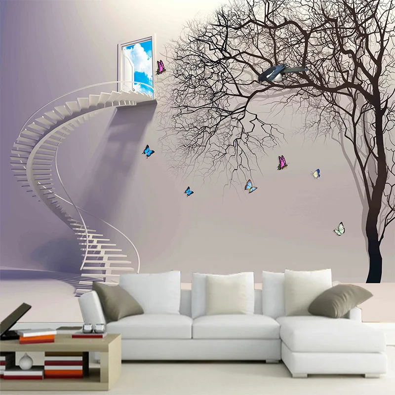 

3d seamless TV sofa bedroom background 3D wall staircase abstract tree DIY home improvement project wall sticker