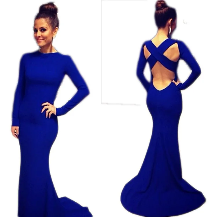 

2018 New Women Party Dresses Sexy Elegant Long Sleeve Summer Evening Maxi Dress Solid Color Backless Cross Bodycon Long Dress