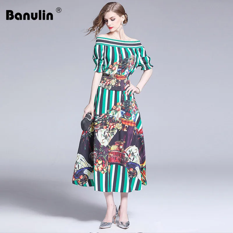 

Banulin Fashion Designer Summer Runway Suits Women's Elastic Tops and Floral Printed Elegant Vintage Vacation Skirt 2 Pieces Set