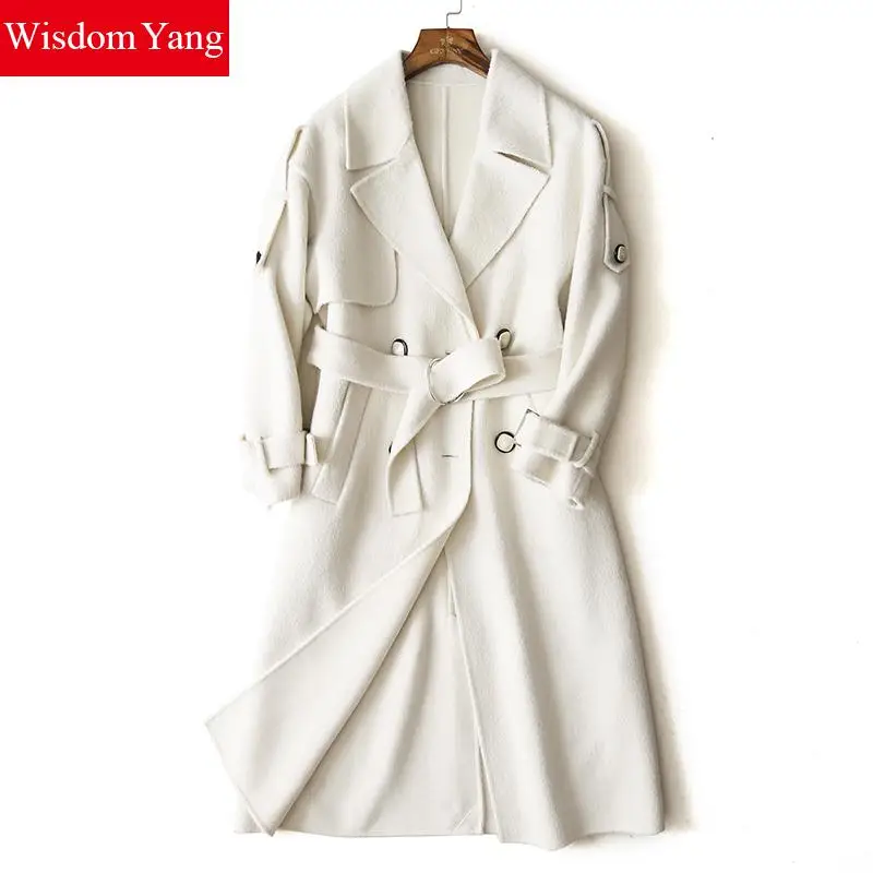 

Wisdom Yang Women's Sheep Wool Alpaca Coats White Warm Winter Elegant Belt Trench Long Woolen Coat Overcoat Jackets 2017 Casacos