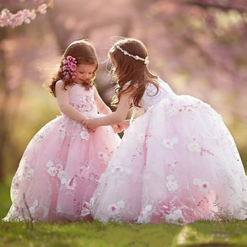 

Puffy Tulle 2018 Flower Girl Princess Dress Lace 3D Flowers Kids Party Pageant Dresses Girls First Communion Dress