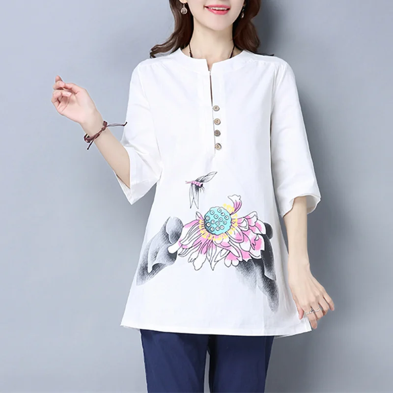 

New Print blouse women Spring Summer Vintage Linen women Tops and blouses V-Neck Half Sleeve Plus size Shirts blusas female