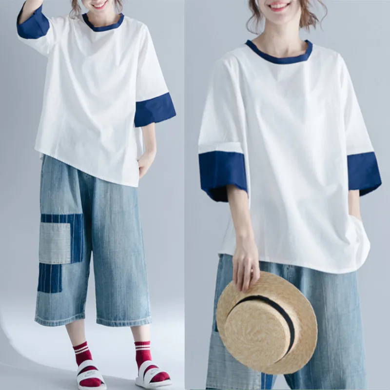 

New Style 2018 Korean shirts For Women Patchwork Short-sleeved Plus-sized Loose Tops Blue and White Slimming Casual wears Female