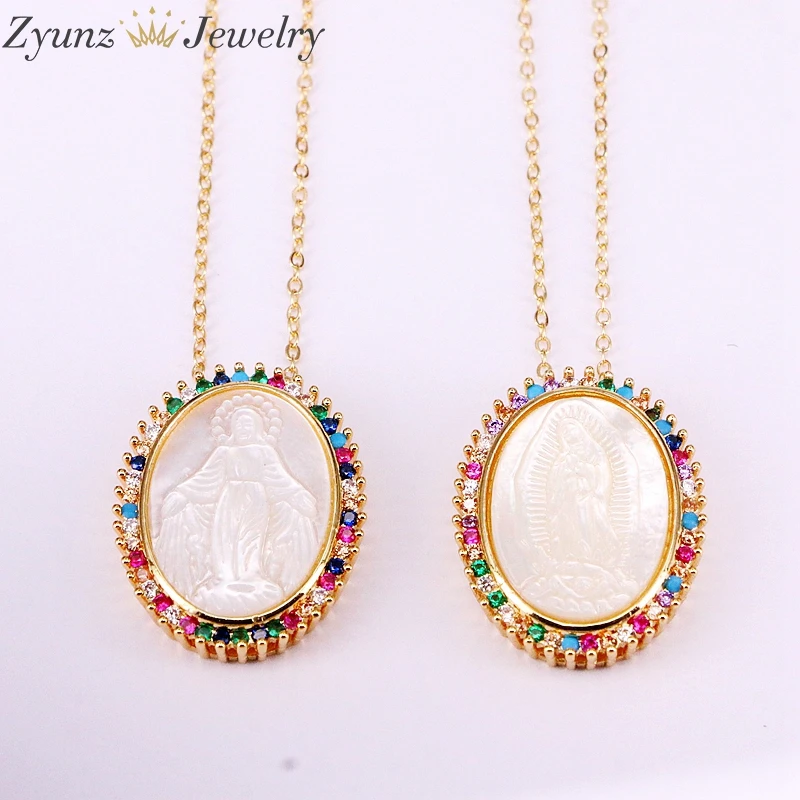 

5PCS, Multi CZ Micro Paved Jesus / Mary Shell Pendant Necklaces Fashion Rainbow Zirconia Mother of Pearl Women Jewelry
