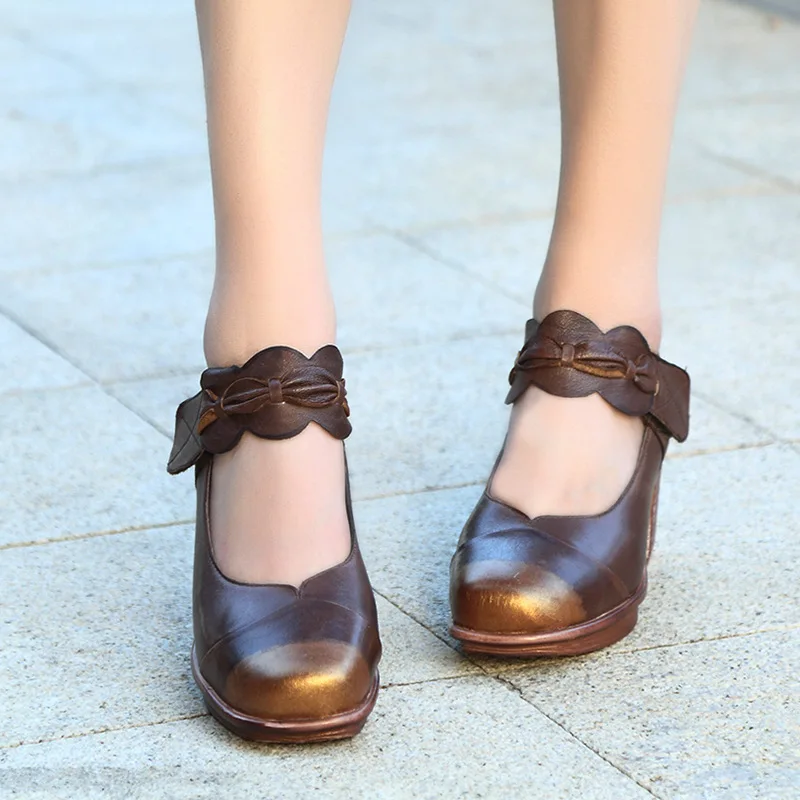 

Spring Women Shoes Handmade Original Genuine Leather Art Retro Comfortable Shoes Square Buckle Pumps