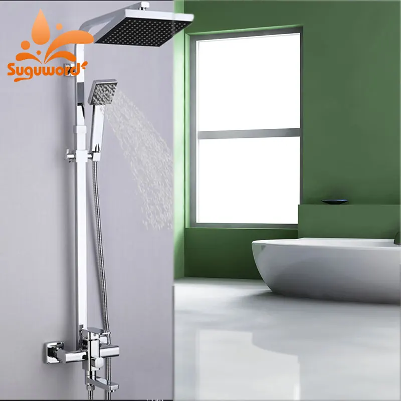 

Suguword Chrome Polish Shower Combo Set Hot and Cold Switch Shower System Mixer Taps Black Face Shower Head and hand Shower