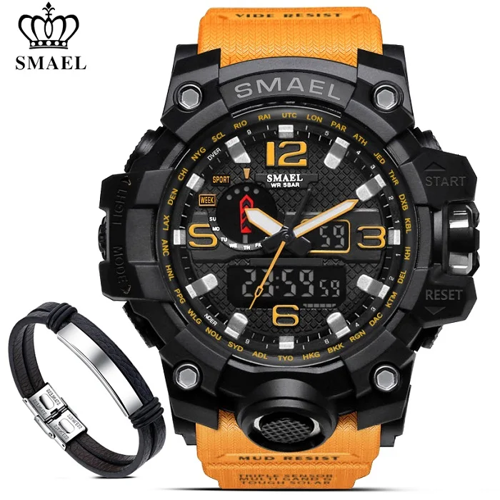 SMAEL, мужские военные водонепроницаемые цифровые часы 50 м, мужские светодиодный кварцевые часы, спортивные часы, мужские часы 1545+ Набор браслетов - Цвет: 1545 Orange