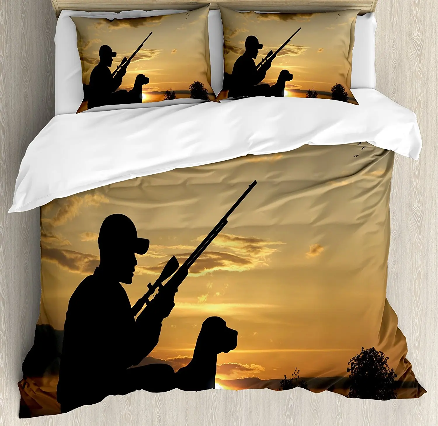 Hunting Decor Duvet Cover Set Fowling Theme Hunter with shotguns and