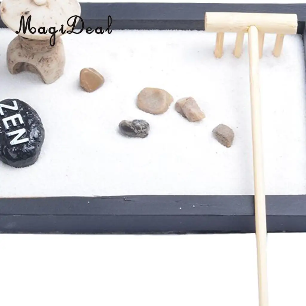 MagiDeal Japanese Zen Garden Sand Tray Buddha Stones Fengshui Meditation Landscape Ornament Home Club Pub Bar