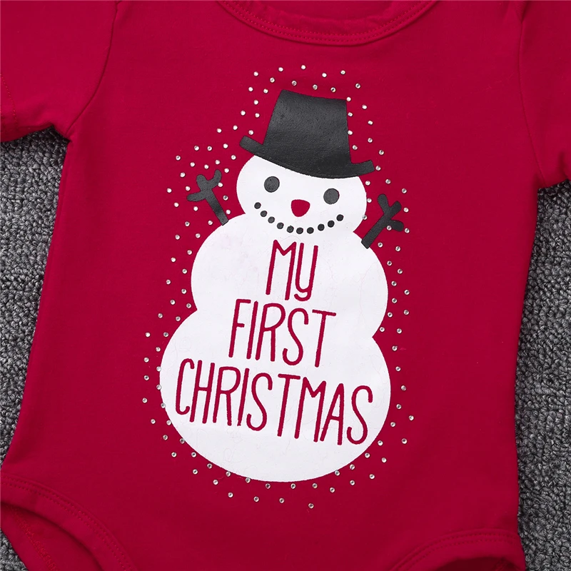 Рождественская одежда для маленьких девочек с изображением снеговика, с надписью «My First christmas», комбинезон с Санта-шапочкой, комплекты для рождественского костюма