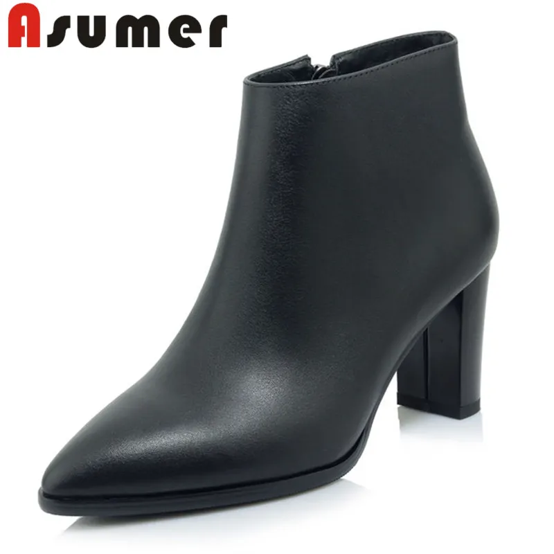 

ASUMER NEW 2018 simple fashion genuine leather boots pointed toe shallow high heels boots high quality temperament winter boots