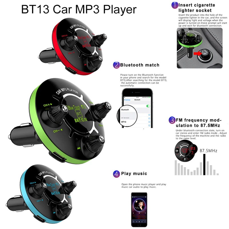 Автомобильный радиоприемник BT13 bluetooth fm передатчик mp3 usb адаптер для зарядки