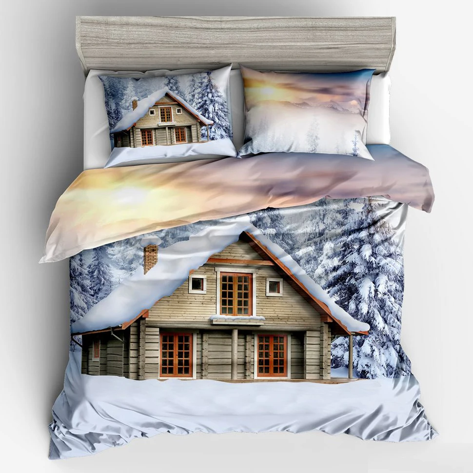 Winter Snow Wood House Bedding Duvet Cover Set Twin Full Queen King