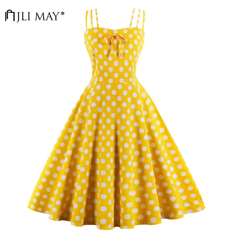 JLI MAY Vintage polka dot summer dress spaghetti strap sleeveless midi sundress strapless women retro plus size party dresses