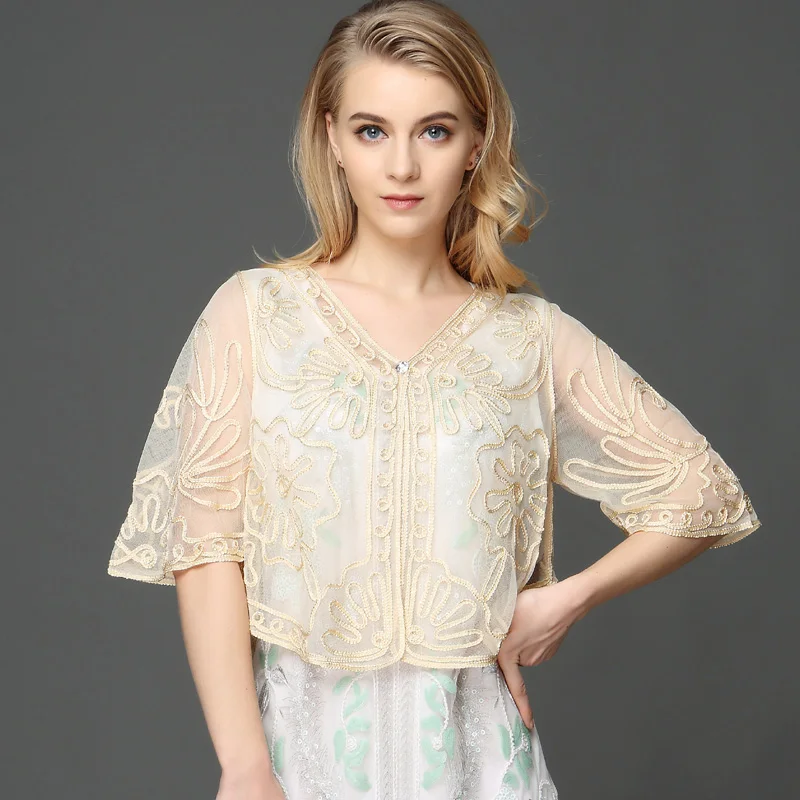 

Elegant Women Large Size Perspective Lace Mesh Bolero Coat Jacket Embroidery Flower Half Sleeve Coverd Button Shawl Cardigans
