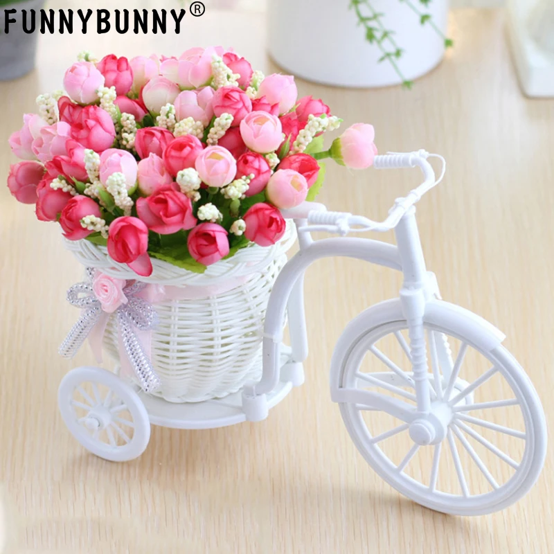 

FUNNYBUNNY Mini Garden Artificial Flora Silk Rose Ddisy Hand-Woven Flower Baskets Bicycle Stand for Home Office Decoration